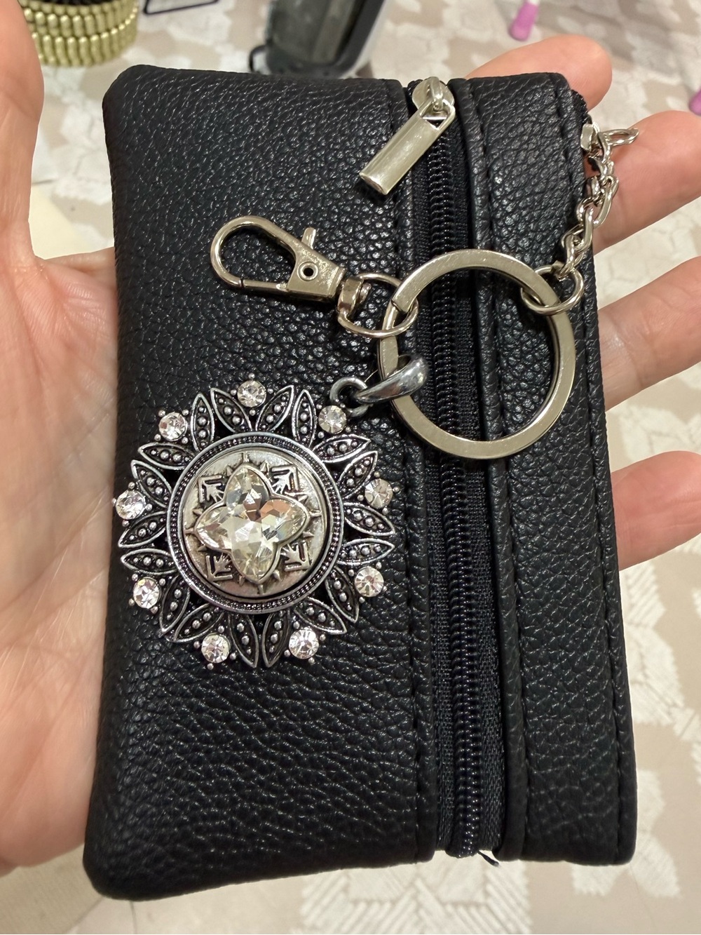 Black Leather Key & Coin Pouch with Silver Pearl Charm crystal clip